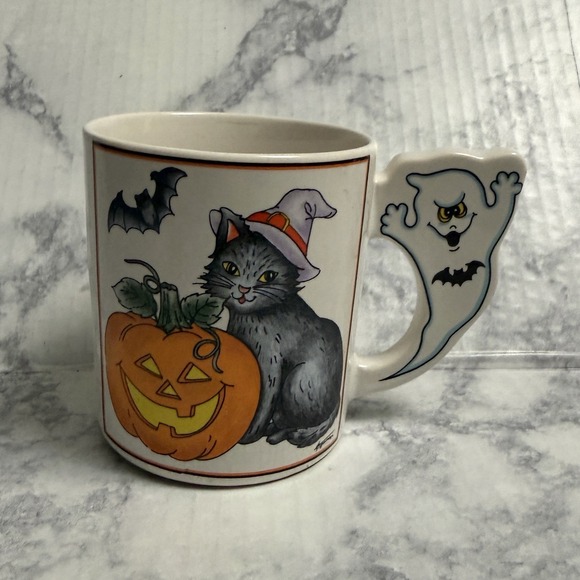 Other - Vintage Halloween Witch Cat Pumpkin Coffee Mug Cup Ghost Handle Japan Retro